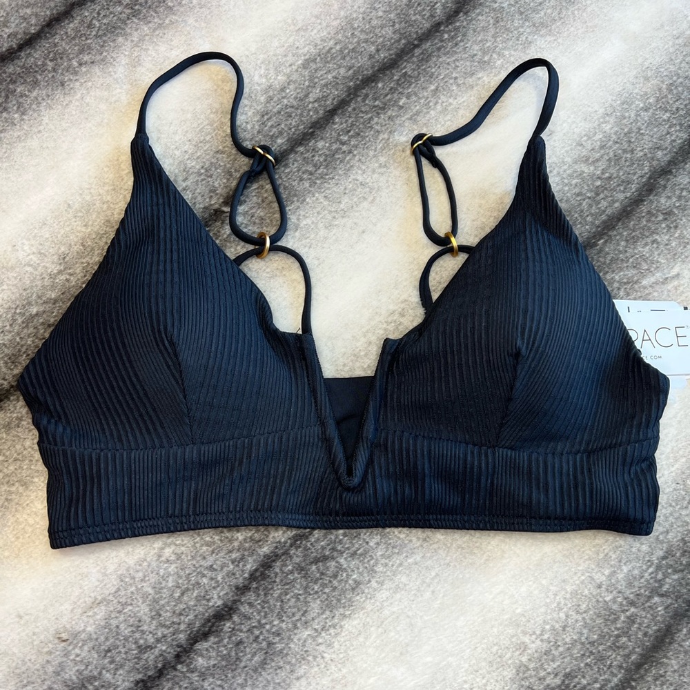 L*space Pointelle Rib Siren Black Ribbed Bikini Swim Top